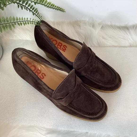 MICHAEL KORS VTG SUEDE LEATHER WEDGE HEEL PENNY LOAFERS CHOCOLATE BROWN SZ 7.5