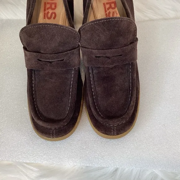 MICHAEL KORS VTG SUEDE LEATHER WEDGE HEEL PENNY LOAFERS CHOCOLATE BROWN SZ 7.5