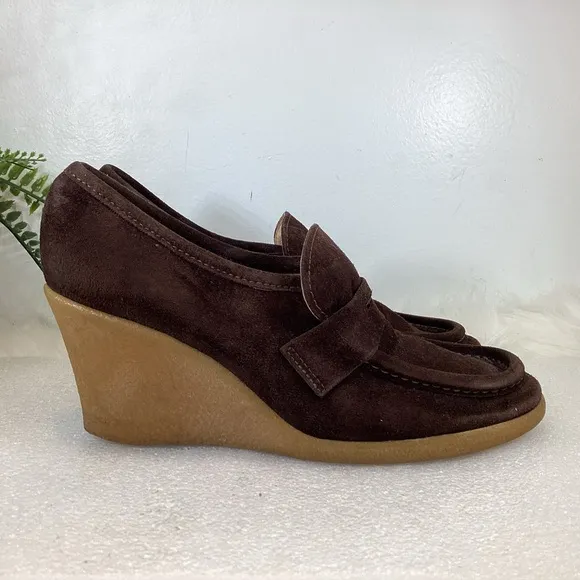 MICHAEL KORS VTG SUEDE LEATHER WEDGE HEEL PENNY LOAFERS CHOCOLATE BROWN SZ 7.5