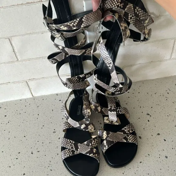 MICHAEL Michael Kors Darby Leather Snake Printed Tall Gladiator Sandals Size 8M