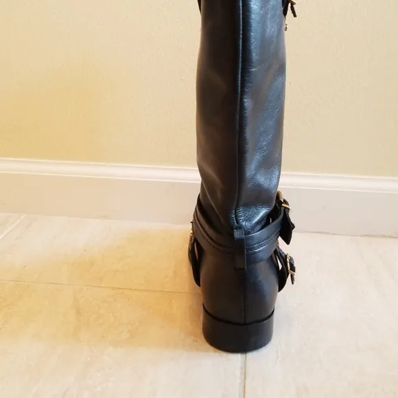 Mid calf biker style leather boots
