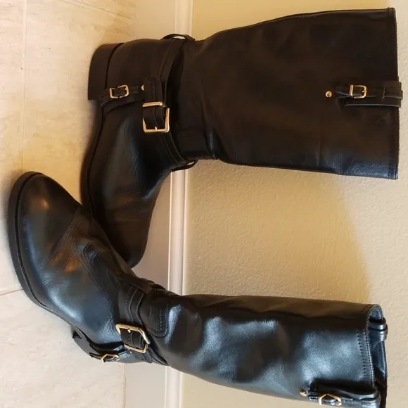 Mid calf biker style leather boots