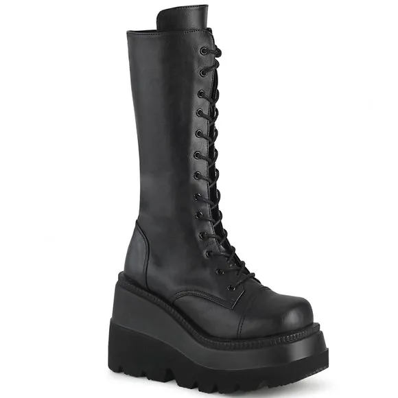 Mid Calf Lace Up Gothic Wedge Platform Boots