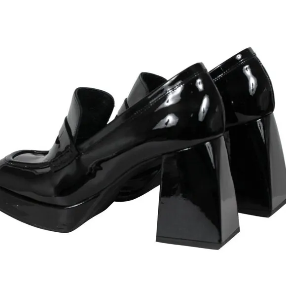Mimosa Women Block Chunky Heel Penny Loafers US 7.5 EU 37.5 Black Patent Leather