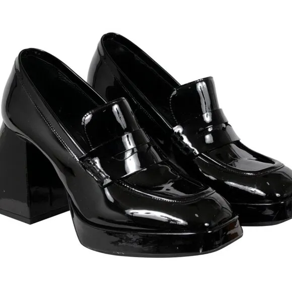 Mimosa Women Block Chunky Heel Penny Loafers US 7.5 EU 37.5 Black Patent Leather