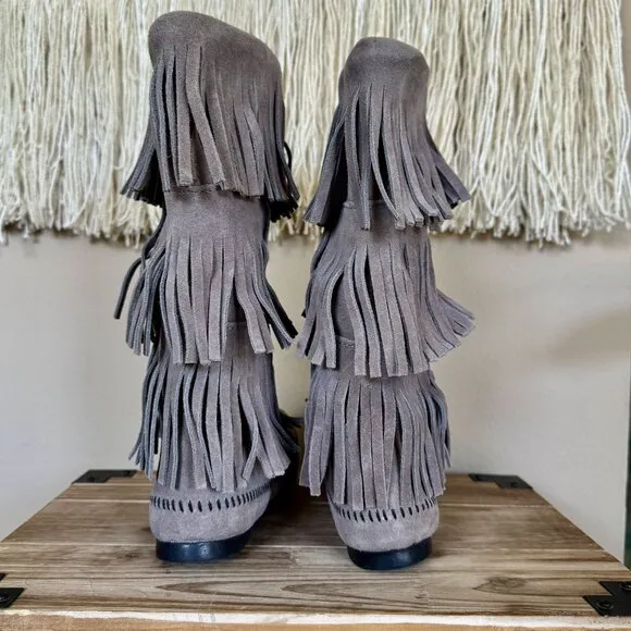 Minnetonka Gray Suede 3-layer Fringe Moccasin Pull On Mid Calf Boots Size 9