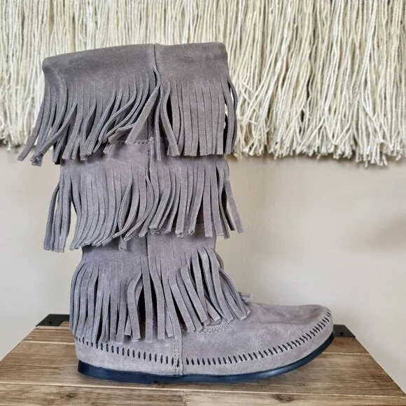 Minnetonka Gray Suede 3-layer Fringe Moccasin Pull On Mid Calf Boots Size 9