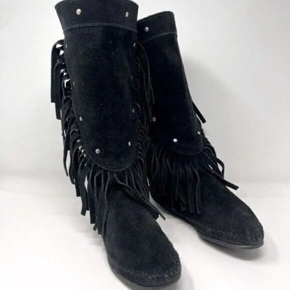 Minnetonka Vintage mid calf black suede boots fringe made in US 5 BoxW