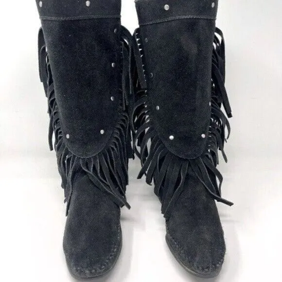 Minnetonka Vintage mid calf black suede boots fringe made in US 5 BoxW