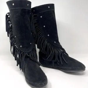 Minnetonka Vintage mid calf black suede boots fringe made in US 5 BoxW