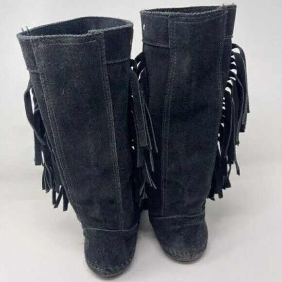 Minnetonka Vintage mid calf black suede boots fringe made in US 5 BoxW