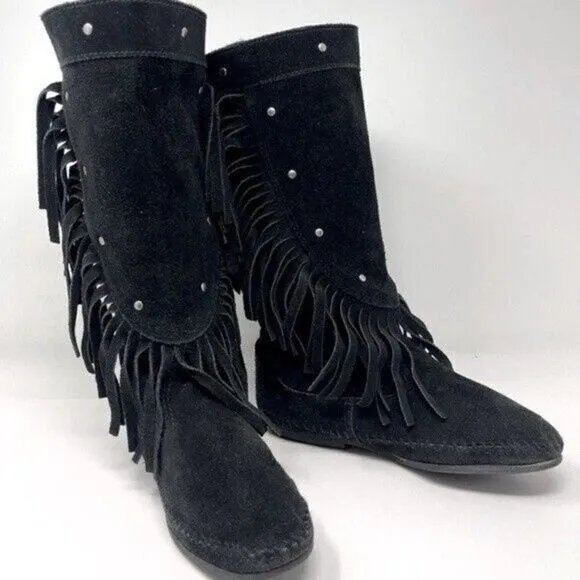Minnetonka Vintage mid calf black suede boots fringe made in US 5 BoxW