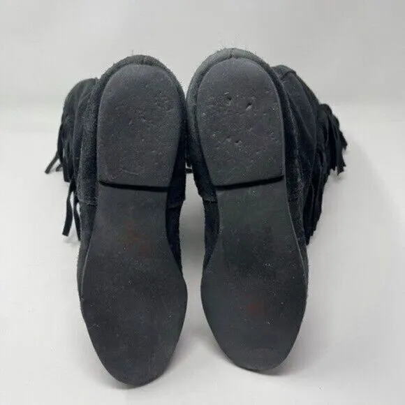 Minnetonka Vintage mid calf black suede boots fringe made in US 5 BoxW