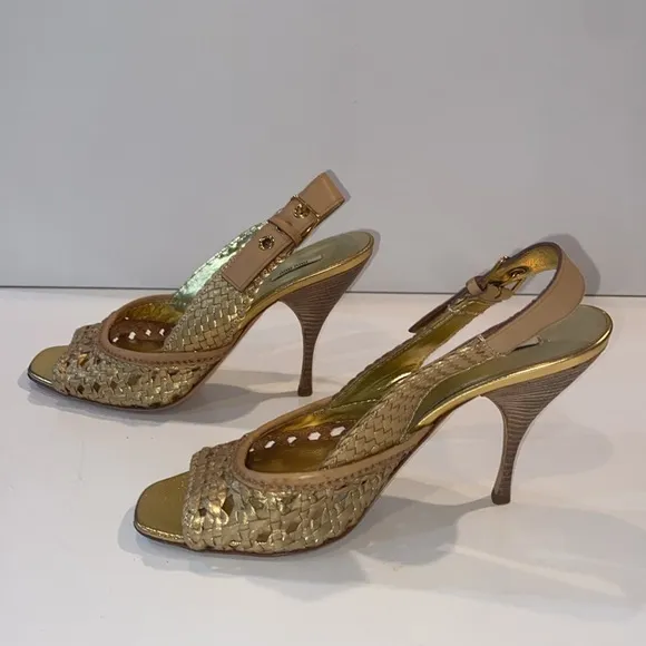 Miu Miu Gold Metallic Braided Leather Open Toe Slingback Sandals Size 37.5 EUC