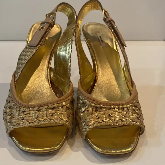 Miu Miu Gold Metallic Braided Leather Open Toe Slingback Sandals Size 37.5 EUC