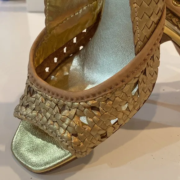 Miu Miu Gold Metallic Braided Leather Open Toe Slingback Sandals Size 37.5 EUC