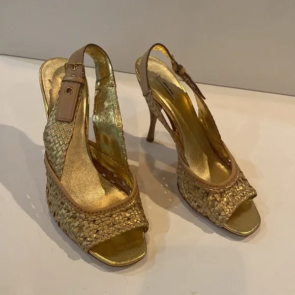 Miu Miu Gold Metallic Braided Leather Open Toe Slingback Sandals Size 37.5 EUC