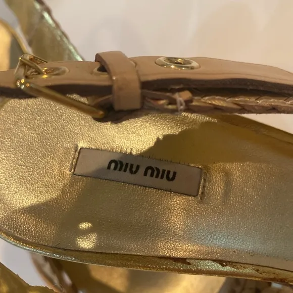 Miu Miu Gold Metallic Braided Leather Open Toe Slingback Sandals Size 37.5 EUC