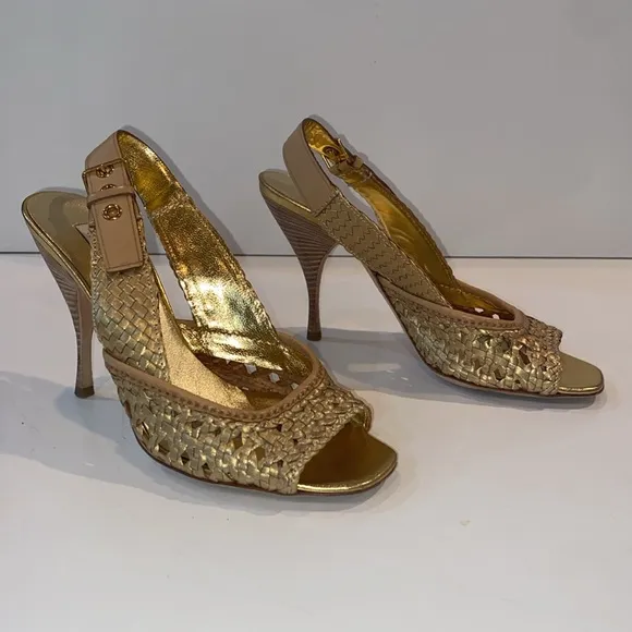 Miu Miu Gold Metallic Braided Leather Open Toe Slingback Sandals Size 37.5 EUC