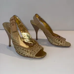 Miu Miu Gold Metallic Braided Leather Open Toe Slingback Sandals Size 37.5 EUC