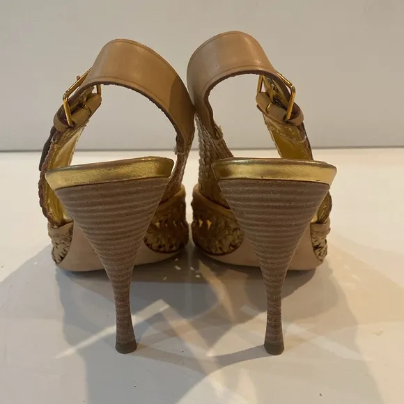 Miu Miu Gold Metallic Braided Leather Open Toe Slingback Sandals Size 37.5 EUC