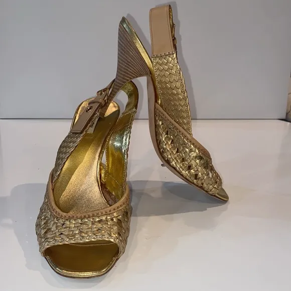 Miu Miu Gold Metallic Braided Leather Open Toe Slingback Sandals Size 37.5 EUC