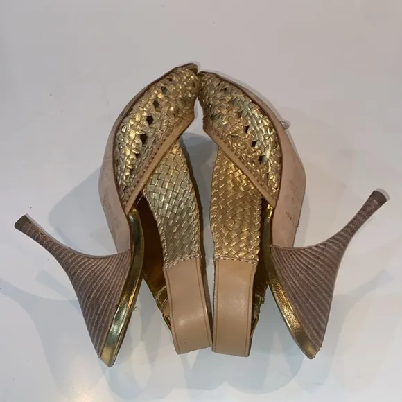 Miu Miu Gold Metallic Braided Leather Open Toe Slingback Sandals Size 37.5 EUC