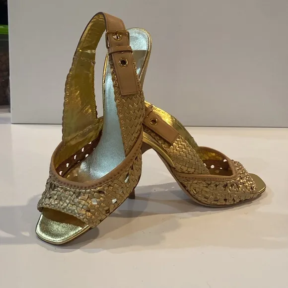 Miu Miu Gold Metallic Braided Leather Open Toe Slingback Sandals Size 37.5 EUC