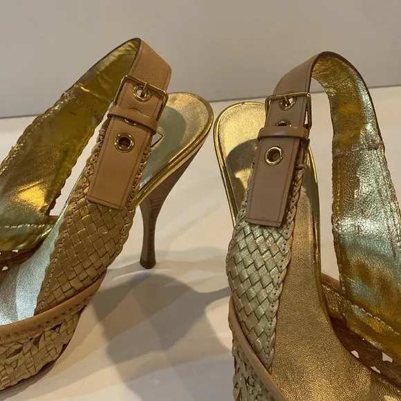 Miu Miu Gold Metallic Braided Leather Open Toe Slingback Sandals Size 37.5 EUC