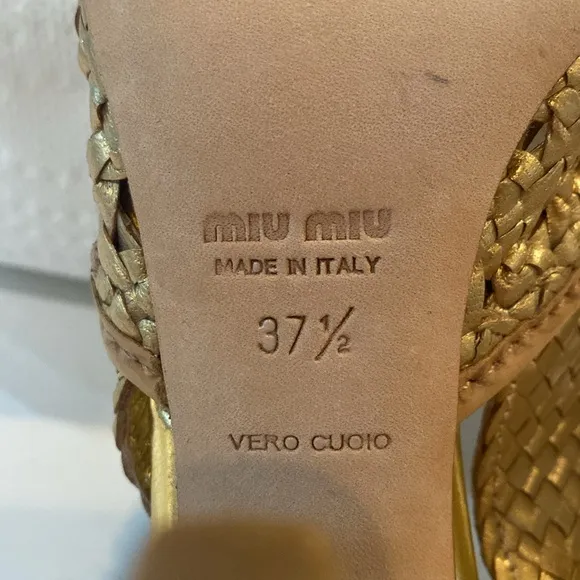 Miu Miu Gold Metallic Braided Leather Open Toe Slingback Sandals Size 37.5 EUC