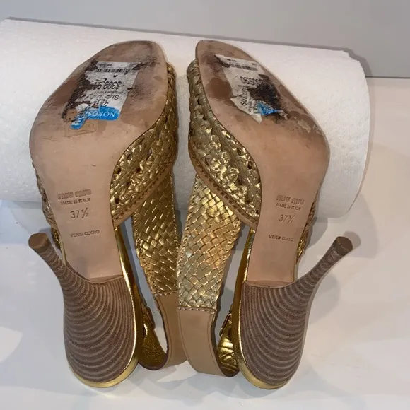Miu Miu Gold Metallic Braided Leather Open Toe Slingback Sandals Size 37.5 EUC