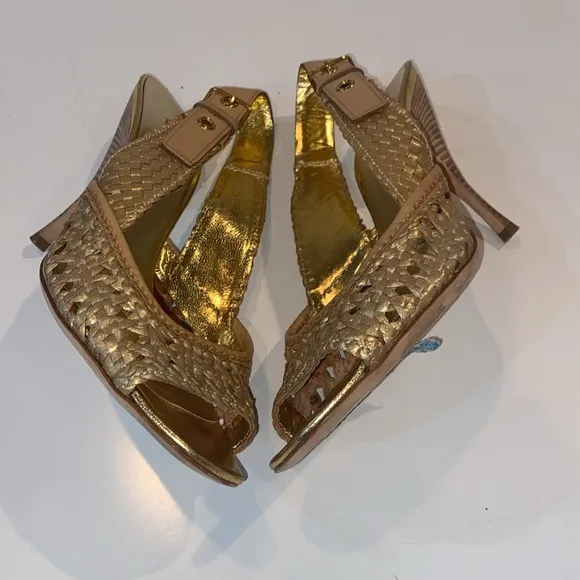 Miu Miu Gold Metallic Braided Leather Open Toe Slingback Sandals Size 37.5 EUC