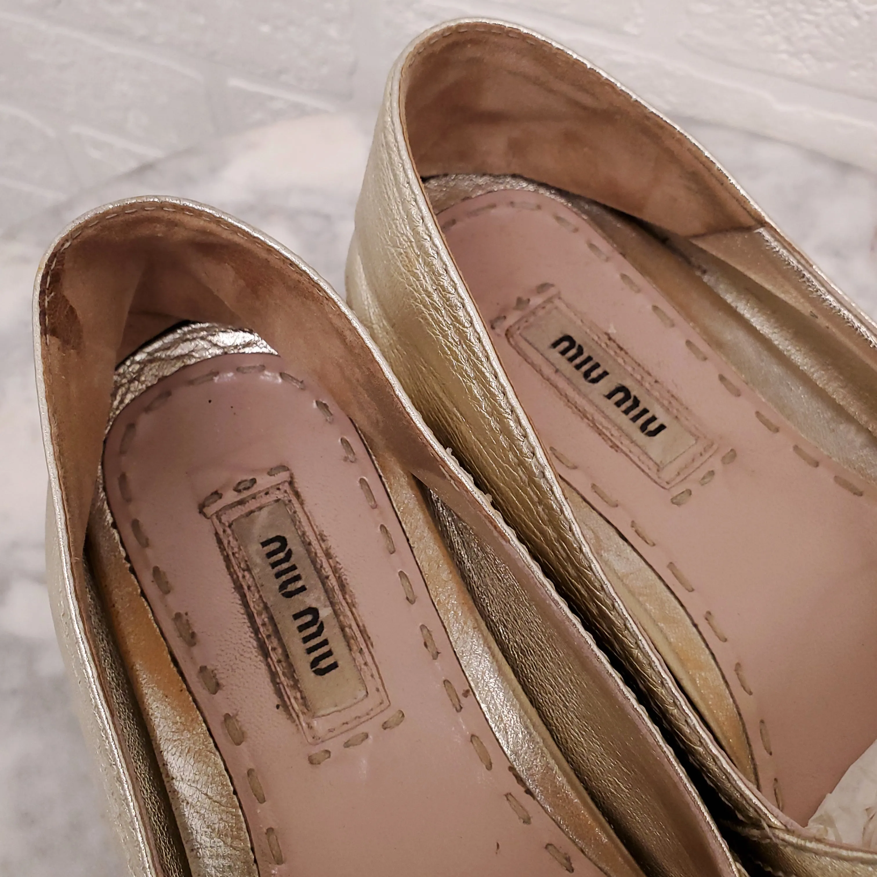 MIU MIU GOLD PLATFORM ESPADRILLES WITH CRYSTALS - SIZE 39