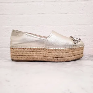 MIU MIU GOLD PLATFORM ESPADRILLES WITH CRYSTALS - SIZE 39