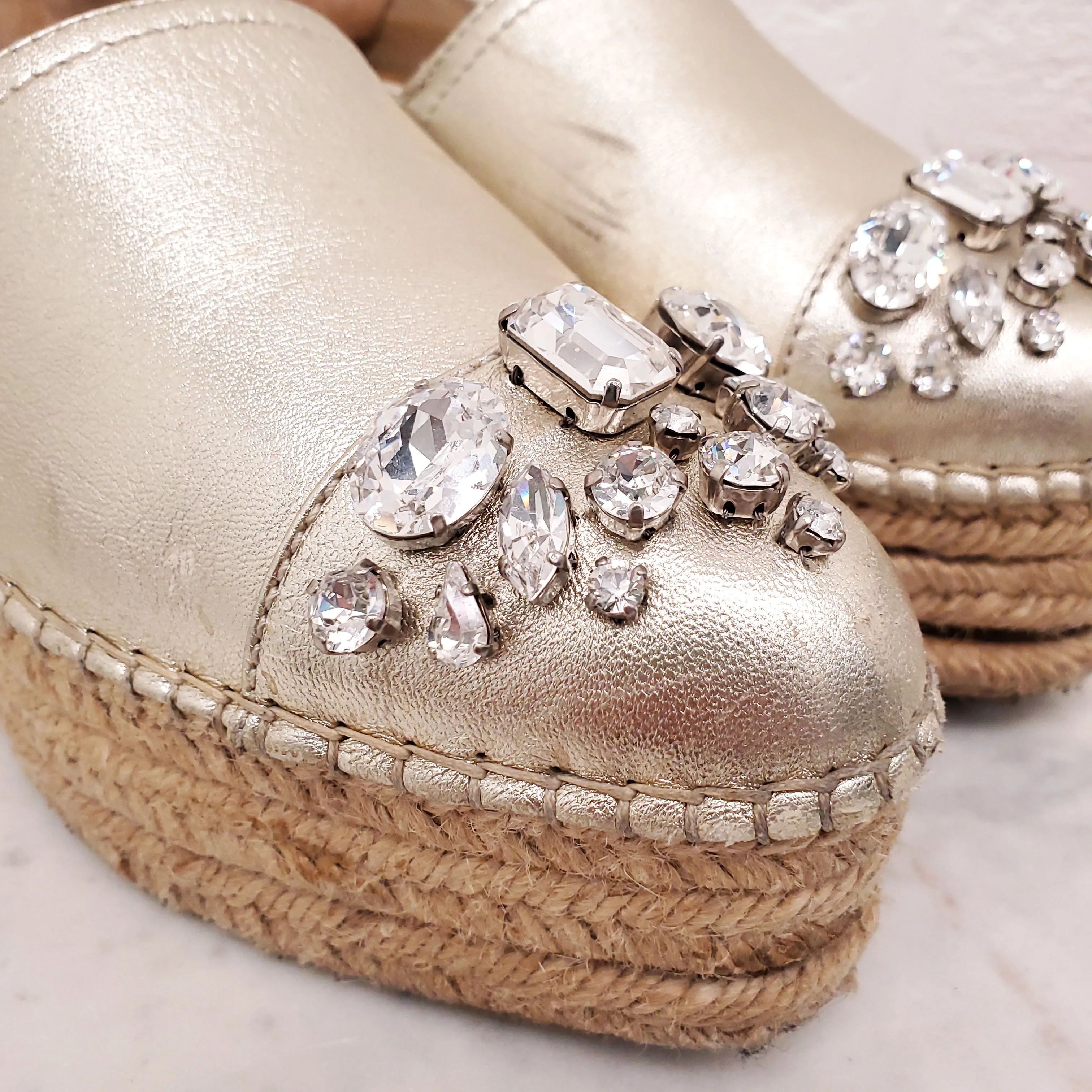 MIU MIU GOLD PLATFORM ESPADRILLES WITH CRYSTALS - SIZE 39