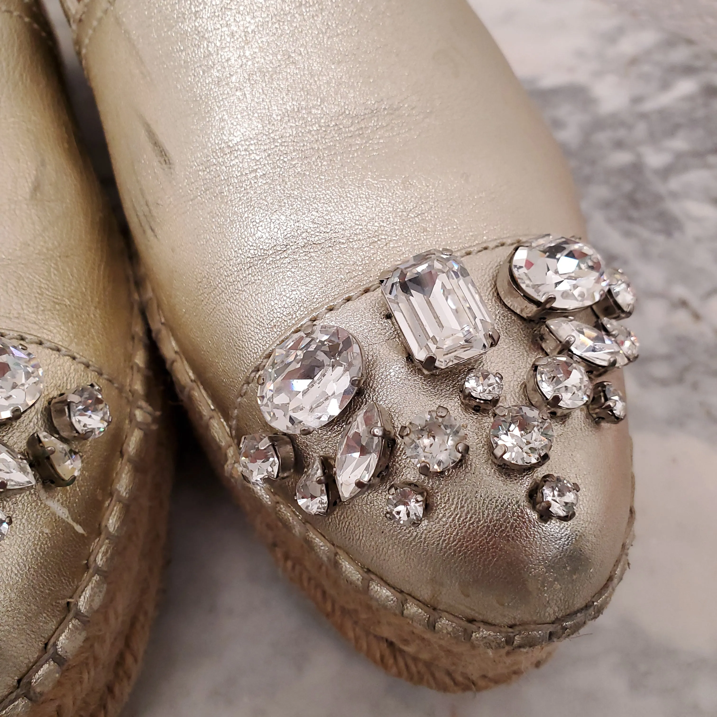 MIU MIU GOLD PLATFORM ESPADRILLES WITH CRYSTALS - SIZE 39