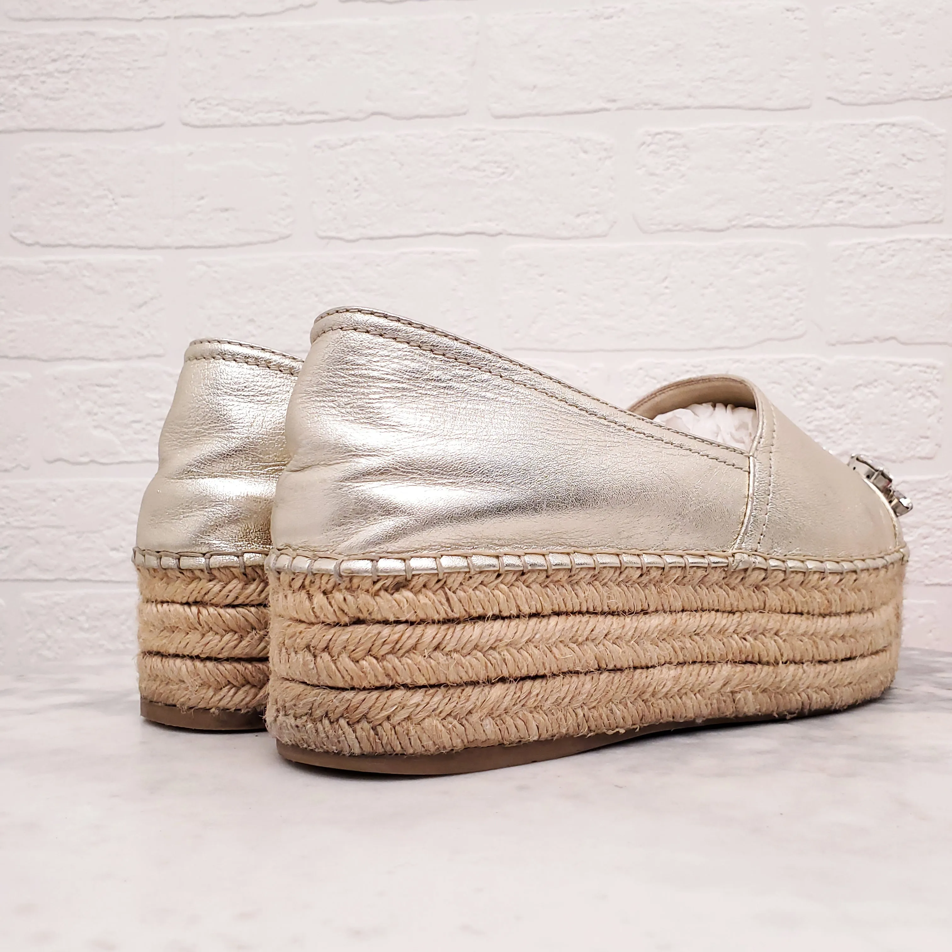 MIU MIU GOLD PLATFORM ESPADRILLES WITH CRYSTALS - SIZE 39
