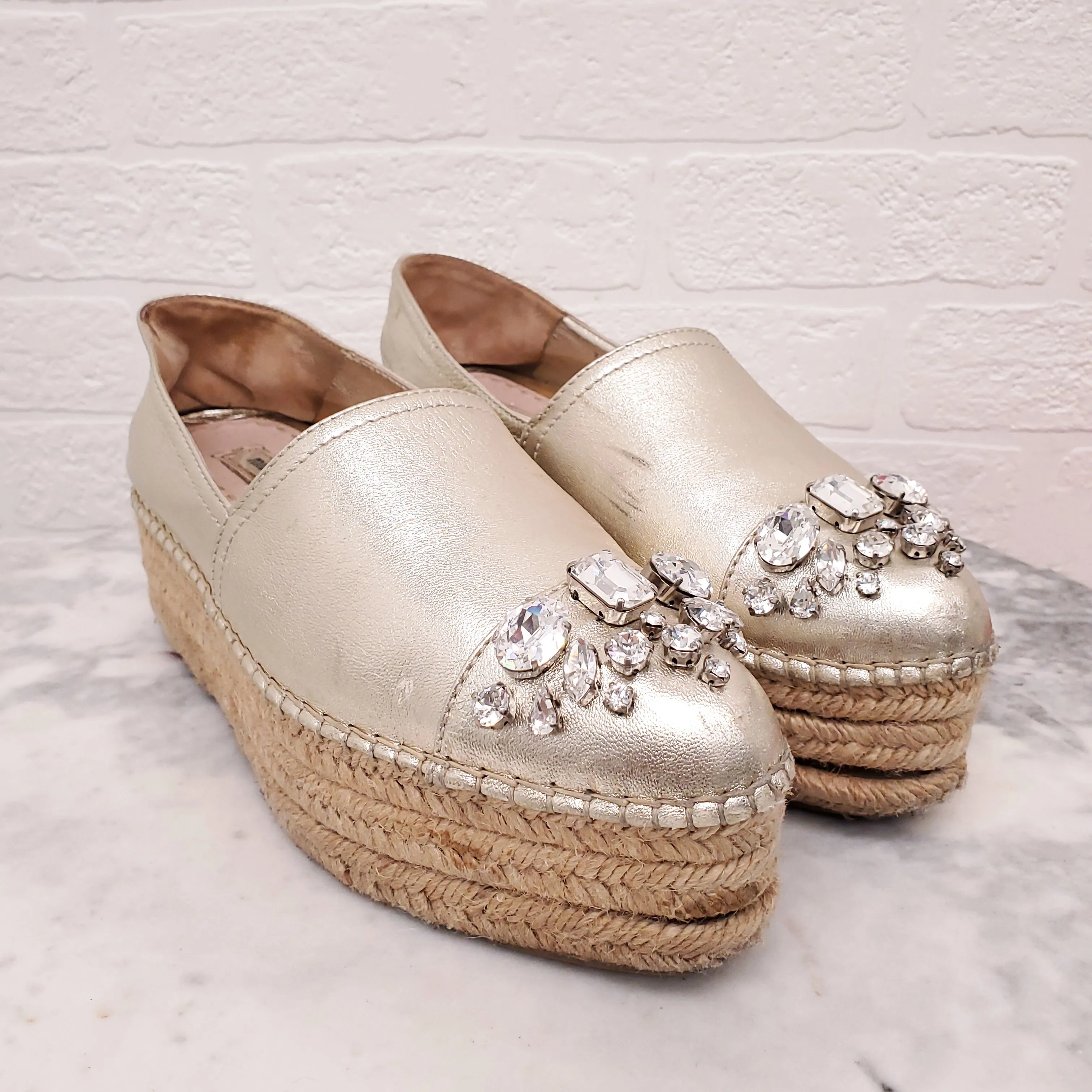 MIU MIU GOLD PLATFORM ESPADRILLES WITH CRYSTALS - SIZE 39