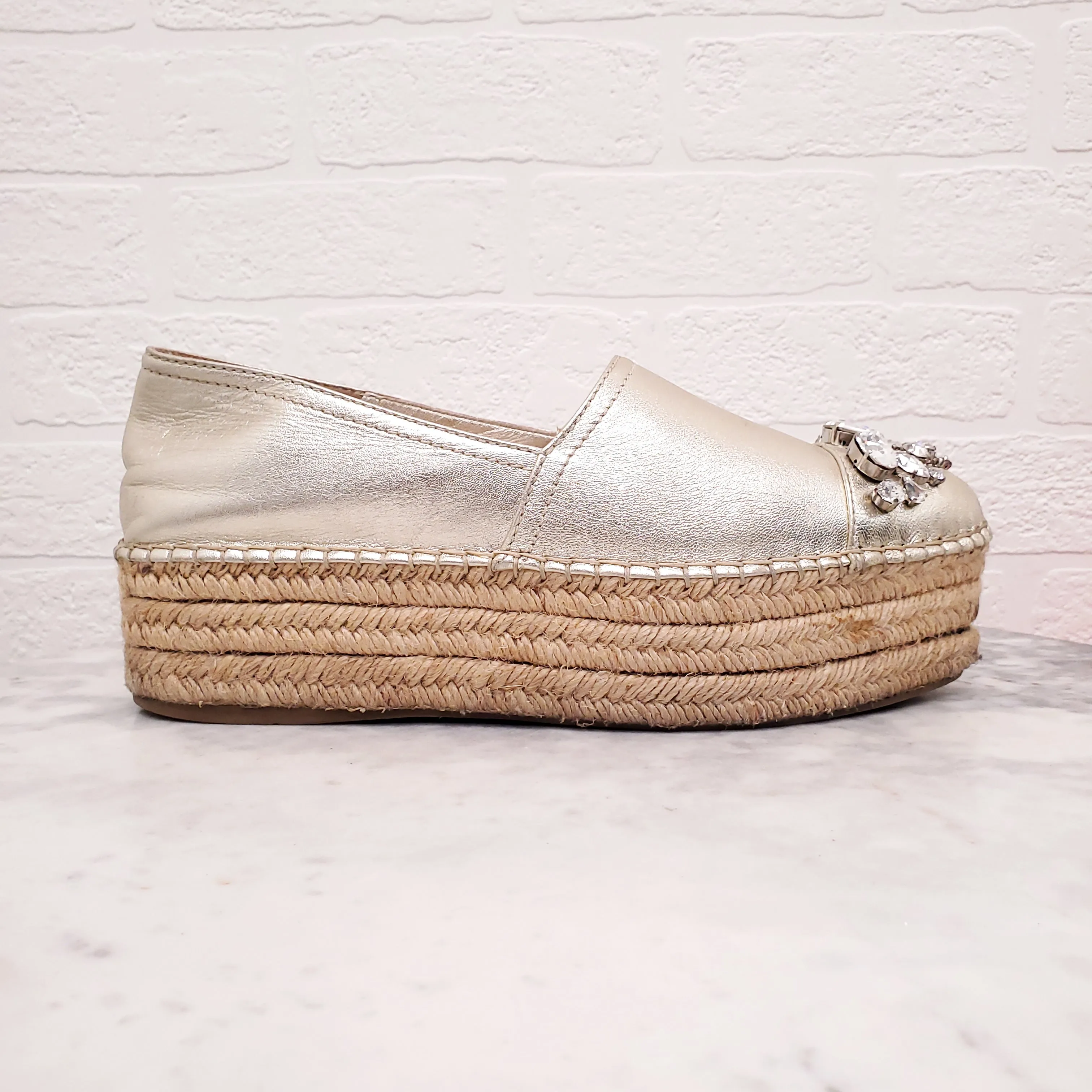 MIU MIU GOLD PLATFORM ESPADRILLES WITH CRYSTALS - SIZE 39