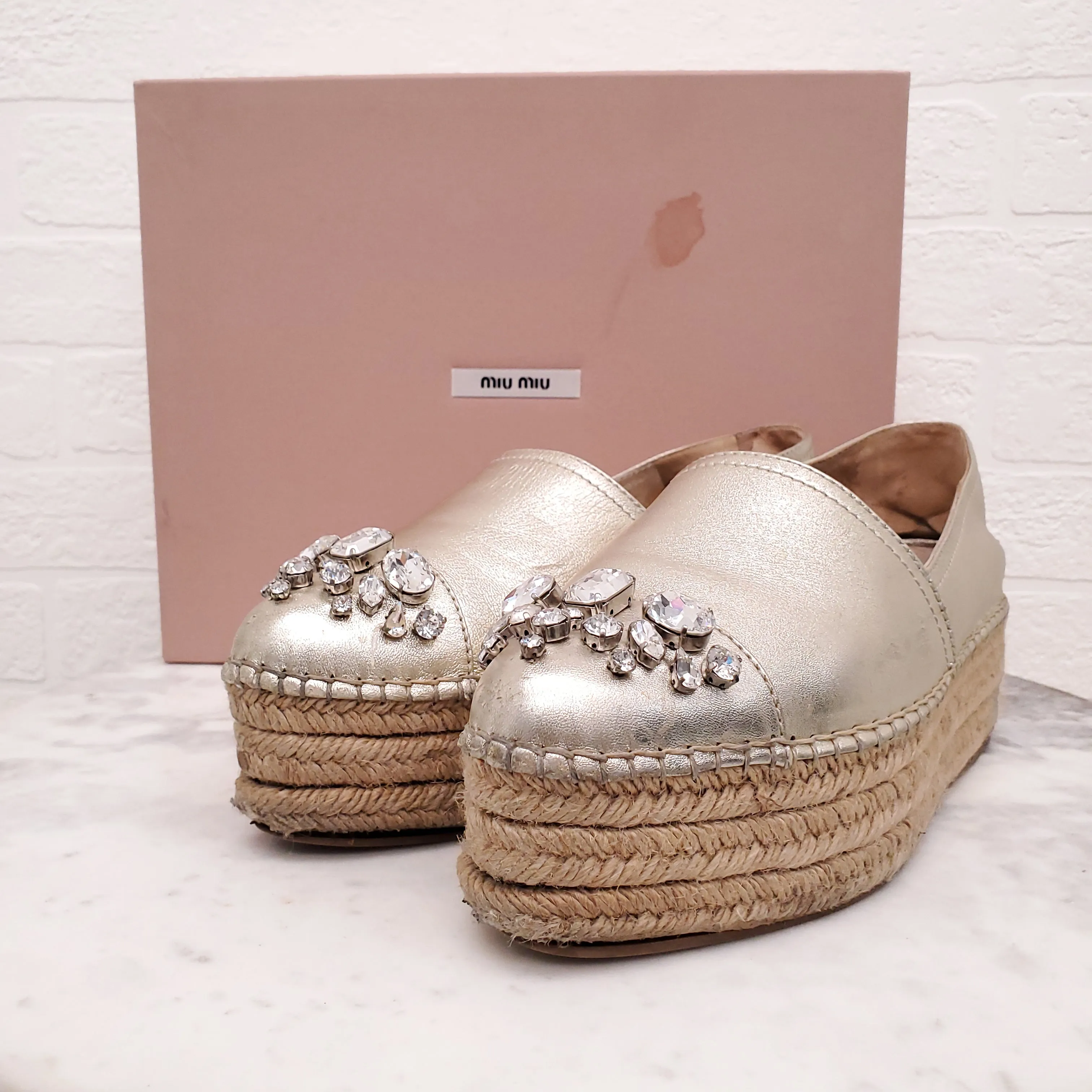 MIU MIU GOLD PLATFORM ESPADRILLES WITH CRYSTALS - SIZE 39