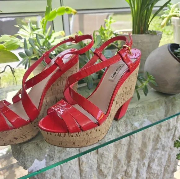 Miu Miu Red Patent Leather Cork Wedge Sandals | Size 39 | Retro Chic