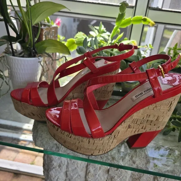 Miu Miu Red Patent Leather Cork Wedge Sandals | Size 39 | Retro Chic