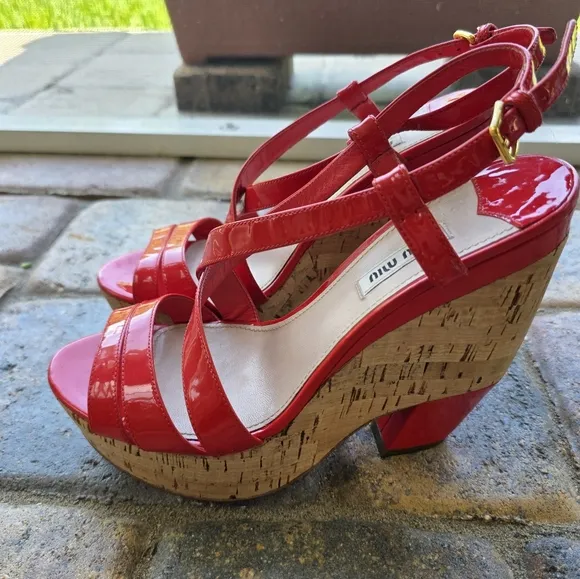 Miu Miu Red Patent Leather Cork Wedge Sandals | Size 39 | Retro Chic