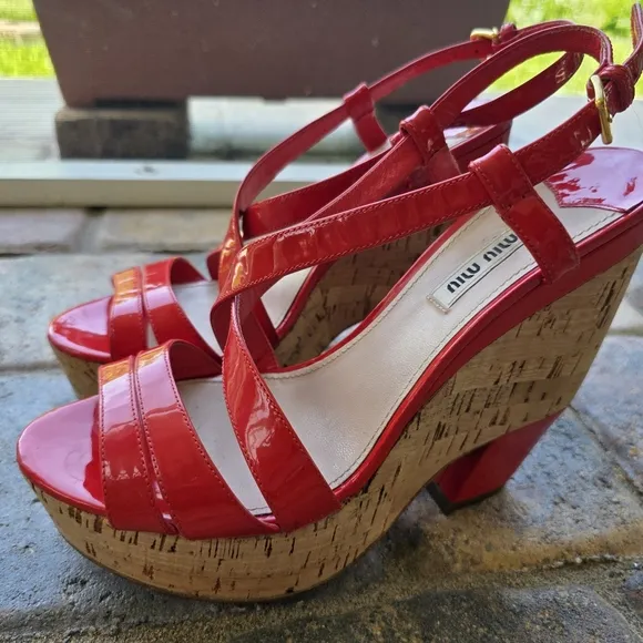 Miu Miu Red Patent Leather Cork Wedge Sandals | Size 39 | Retro Chic