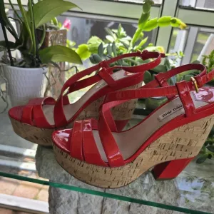 Miu Miu Red Patent Leather Cork Wedge Sandals | Size 39 | Retro Chic