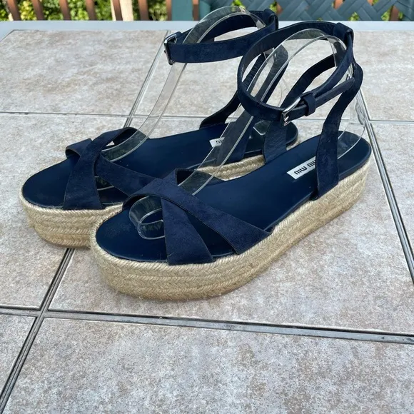 Miu Miu Suede Platform Espadrilles, Blue, Women's