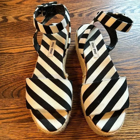 MIU MIU Canvas Black &amp; White Striped Cloth Espadrilles. Buckle ankle straps.