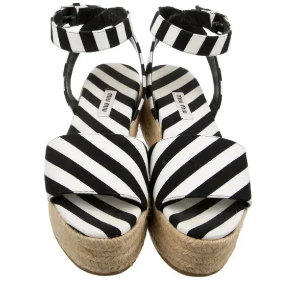 MIU MIU Canvas Black &amp; White Striped Cloth Espadrilles. Buckle ankle straps.