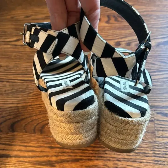 MIU MIU Canvas Black &amp; White Striped Cloth Espadrilles. Buckle ankle straps.