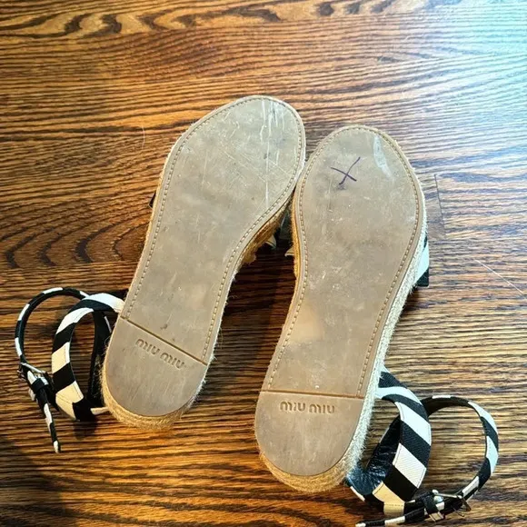 MIU MIU Canvas Black &amp; White Striped Cloth Espadrilles. Buckle ankle straps.